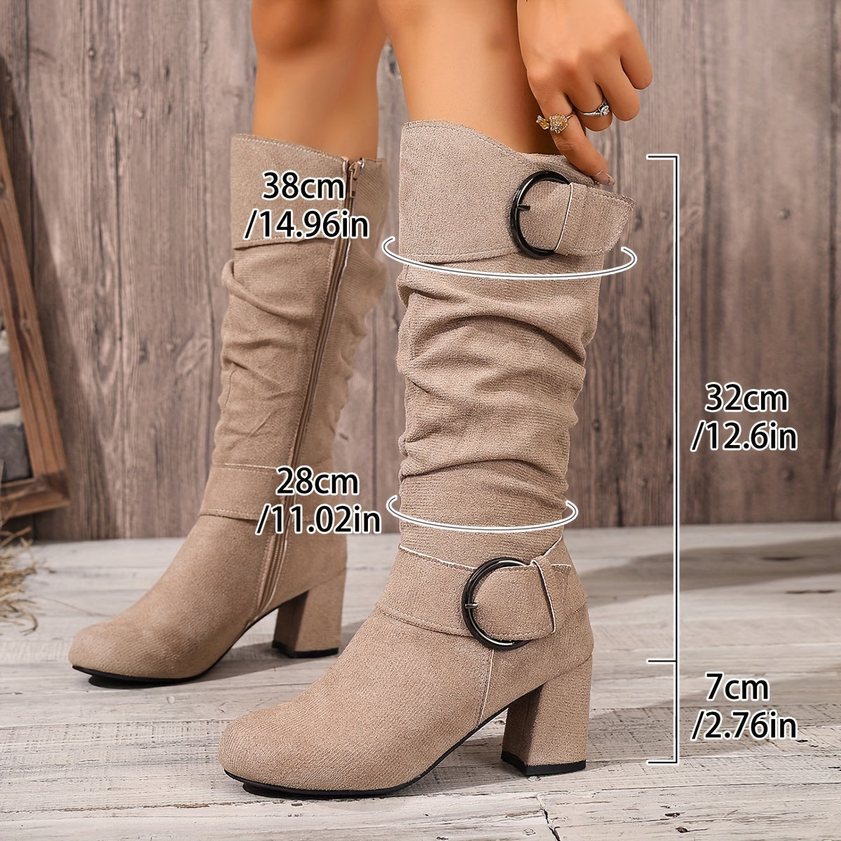 Imke | Damen Kniehohe Stiefel mit Blockabsatz - Taupe - Image 12