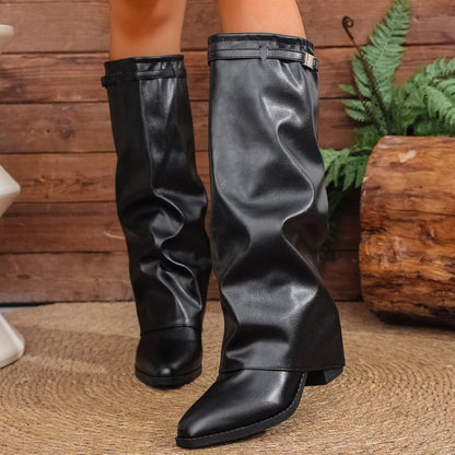 Heidrun | Damen Kniehohe Stiefel Spitze Zehenpartie - Black - Image 5