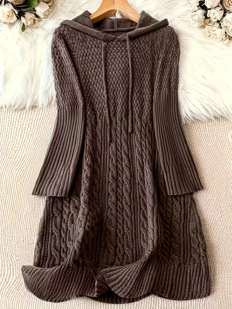 Helwina | Damen Strickkleid mit Kapuze Grobstrick - Dark Grey - Image 3