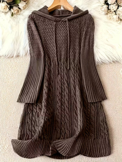 Helwina | Damen Strickkleid mit Kapuze Grobstrick - Dark Grey - Image 3