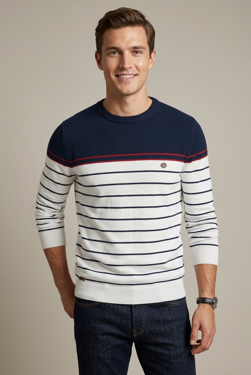 Front view of a men's striped crew-neck sweater