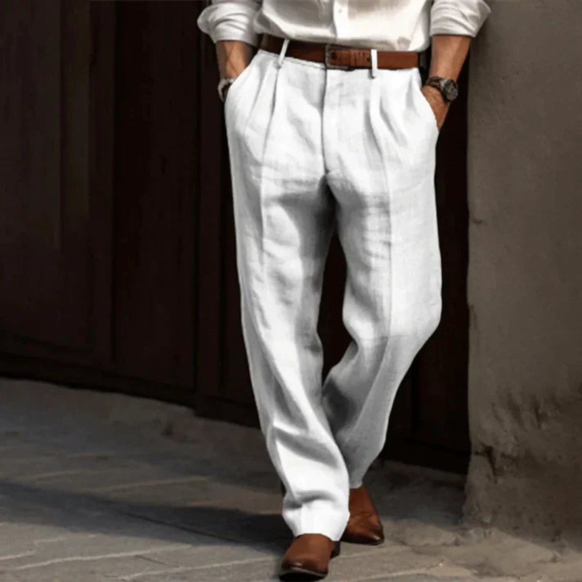 Herren Faltenfront Klassische Bundfaltenhose Elegante Stoffhose - Weiß