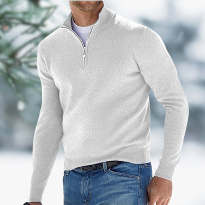 Herren Feinstrick Pullover Viertelreißverschluss Knit Sweater - Weiß