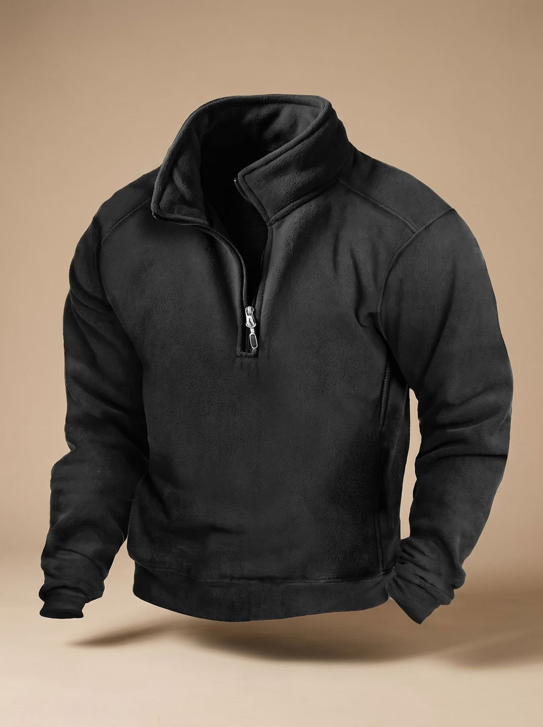 Herren Fleece Pullover Stehkragen Viertelreißverschluss Windschutz - Schwarz