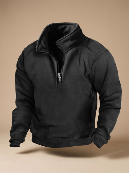 Herren Fleece Pullover Stehkragen Viertelreißverschluss Windschutz - Schwarz