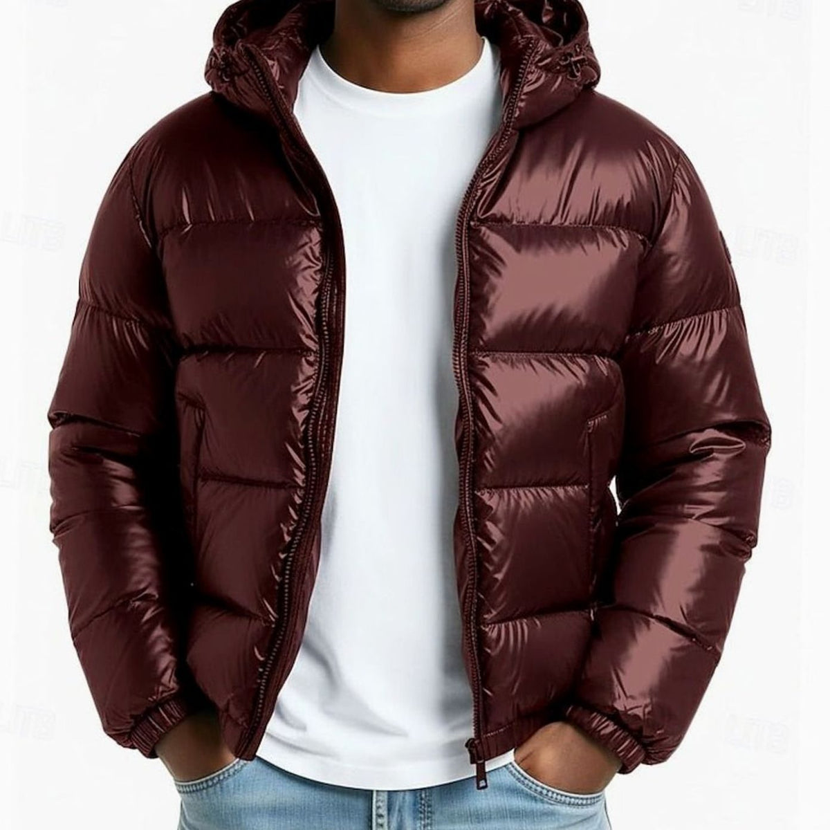 Herren Gesteppte Pufferjacke mit Kapuze und Reißverschluss - Wein