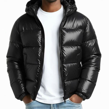 Herren Gesteppte Pufferjacke mit Kapuze und Reißverschluss - Schwarz