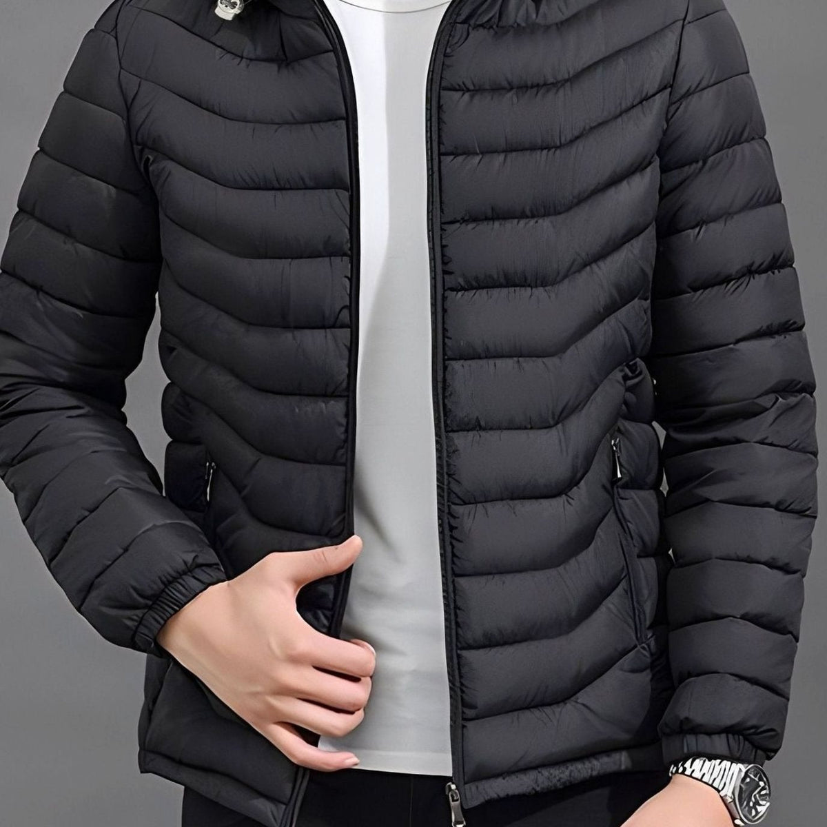 Herren Leichte Gesteppte Pufferjacke mit Abnehmbarer Kapuze - Schwarz