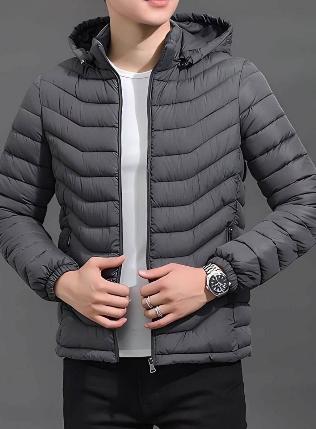 Herren Leichte Gesteppte Pufferjacke mit Abnehmbarer Kapuze