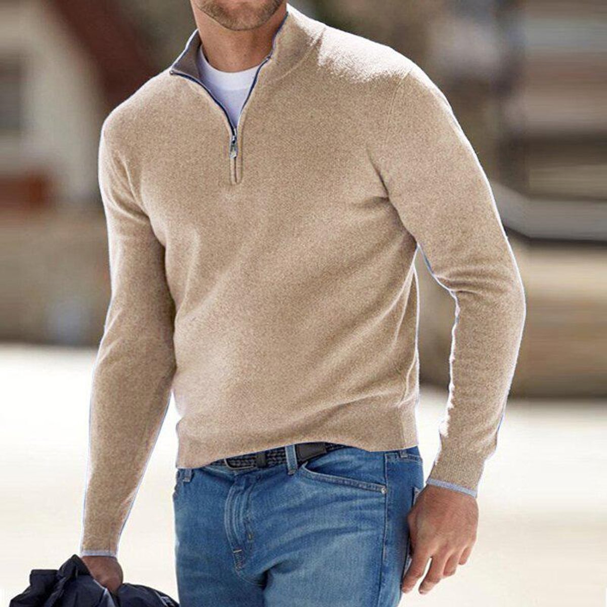 Herren Strickpullover mit Halbem Reißverschluss Regular Fit - Beige