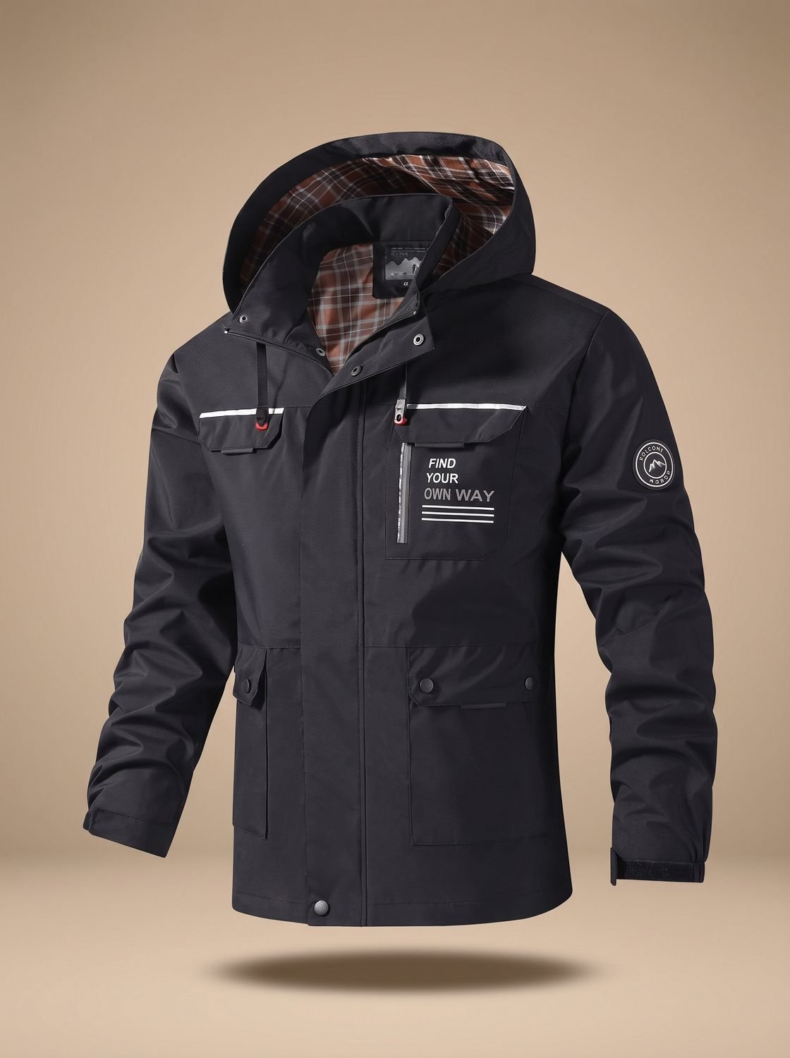 Herren Wasserabweisende Outdoor-Jacke mit Kapuze und Mehrfachtaschen, Black - Schwarz