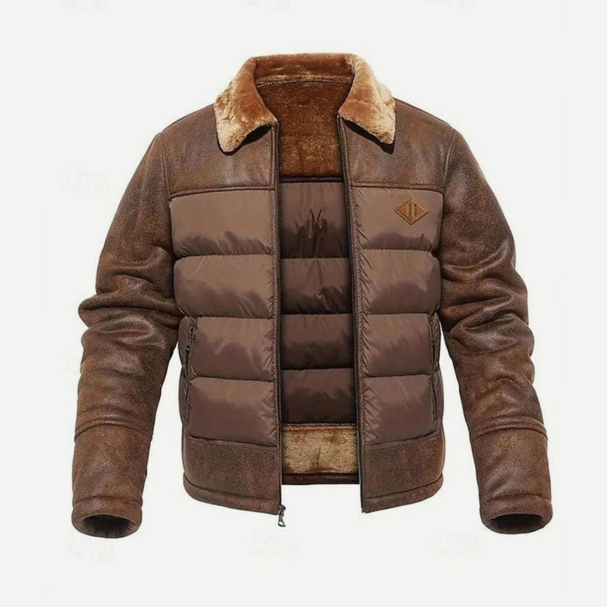 Herren Winter Pufferjacke mit Fellkragen Kunstleder-Ärmeln - Dunkelbraun