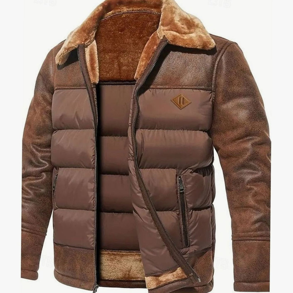Herren Winter Pufferjacke mit Fellkragen Kunstleder-Ärmeln