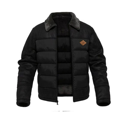 Herren Winter Pufferjacke mit Fellkragen Kunstleder-Ärmeln - Schwarz