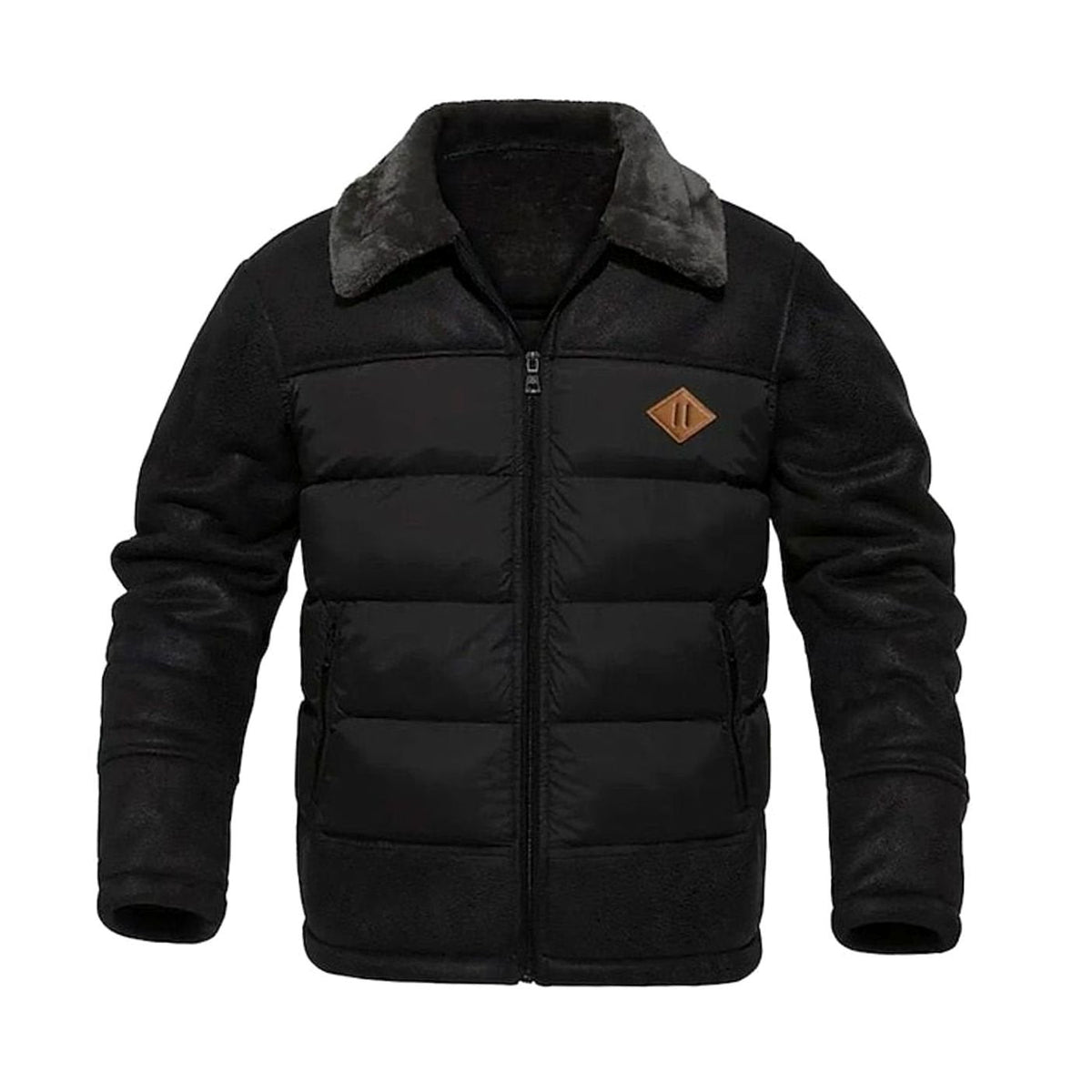 Herren Winter Pufferjacke mit Fellkragen Kunstleder-Ärmeln
