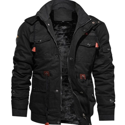Herren Winterjacke Warm Fleece-gefüttert Cargo-Stil Stehkragen - Schwarz