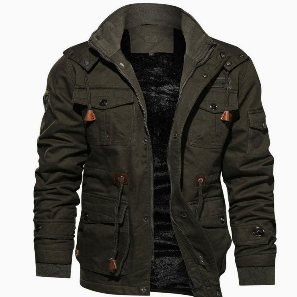Herren Winterjacke Warm Fleece-gefüttert Cargo-Stil Stehkragen - Grün
