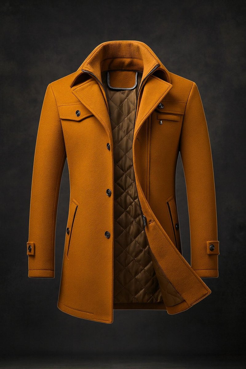 Herren Wool Coat gefütterter Wollmantel mit Doppelkragen - Braun