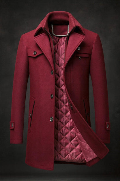 Herren Wool Coat gefütterter Wollmantel mit Doppelkragen - Burgunderrot