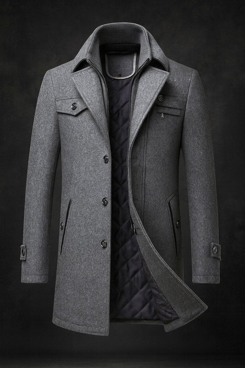 Herren Wool Coat gefütterter Wollmantel mit Doppelkragen - Grau