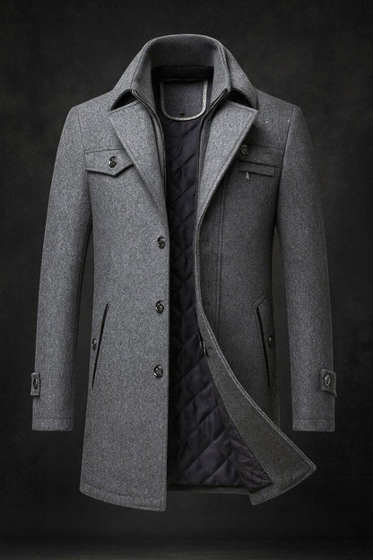 Herren Wool Coat gefütterter Wollmantel mit Doppelkragen - Grau