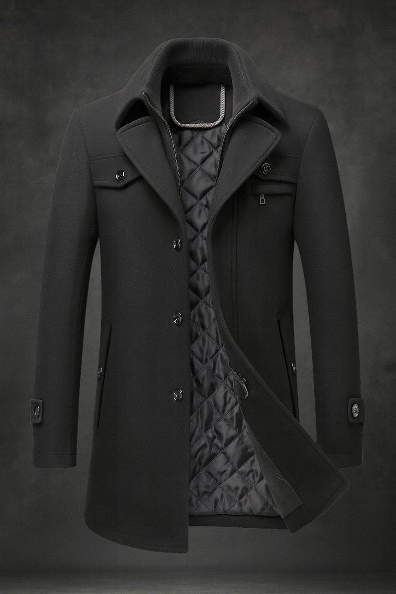 Herren Wool Coat gefütterter Wollmantel mit Doppelkragen - Schwarz