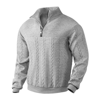 Herren Zopfstrick-Pullover mit Viertelreißverschluss Knit Sweater - Grau marmoriert