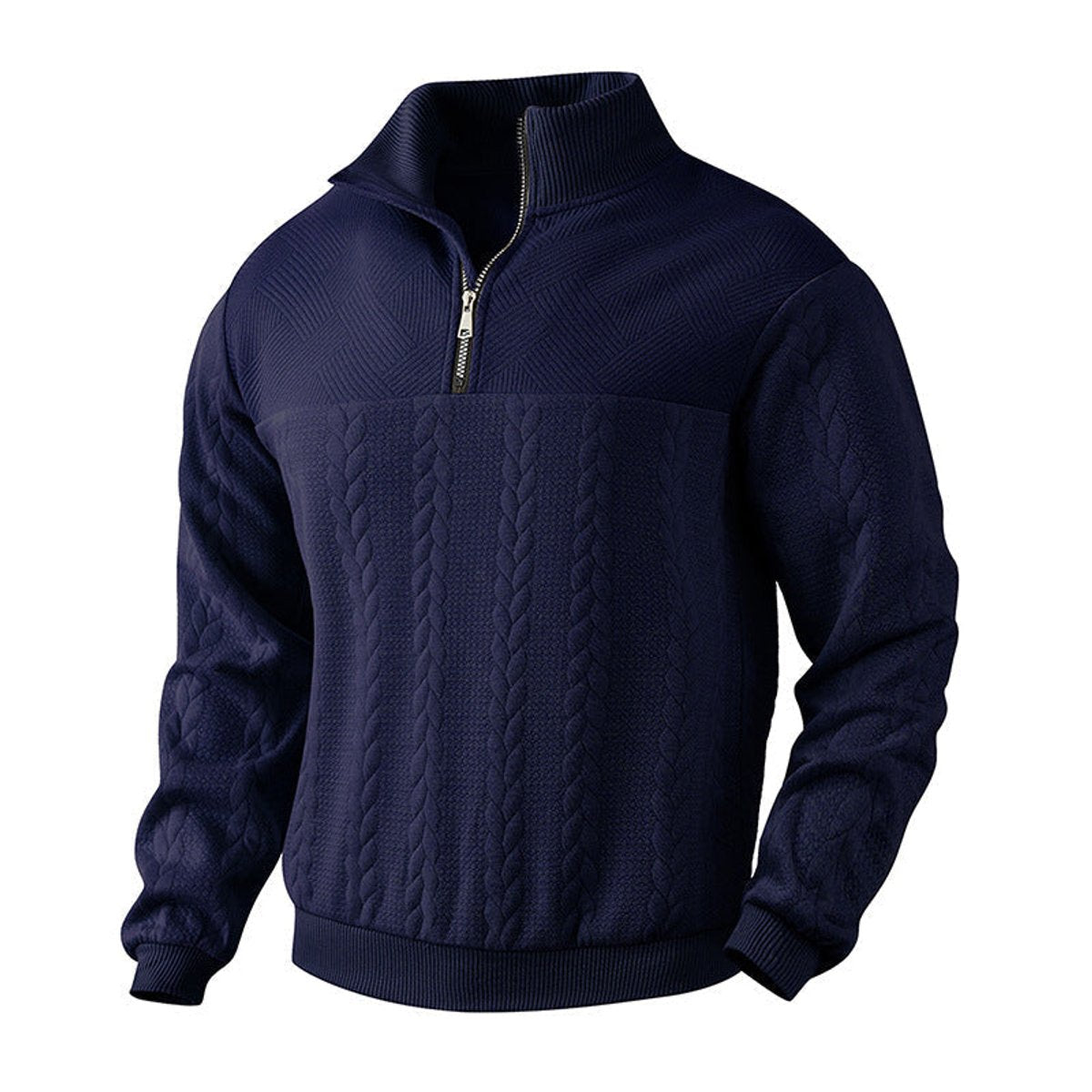 Herren Zopfstrick-Pullover mit Viertelreißverschluss Knit Sweater - Marineblau