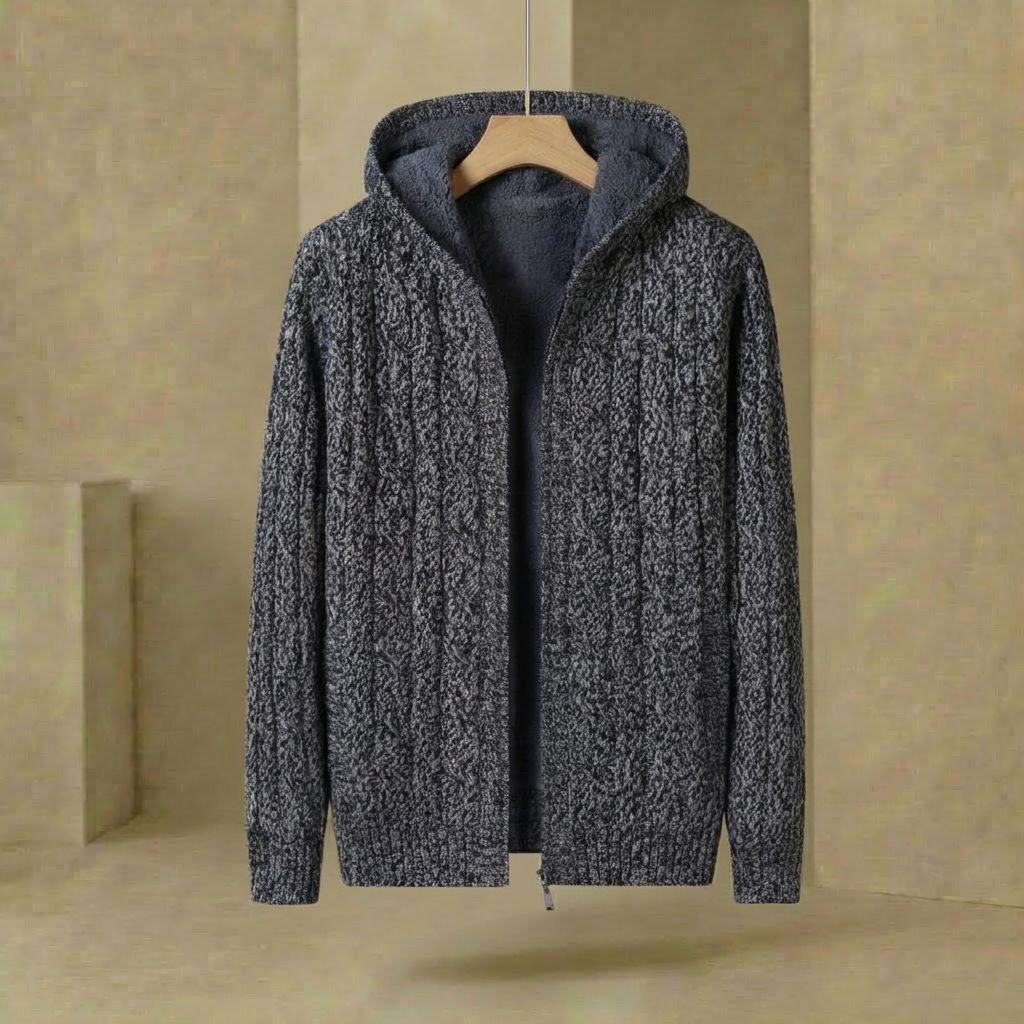 Herren Strickpullover Kapuze Gefüttert Gerippter Saum 1