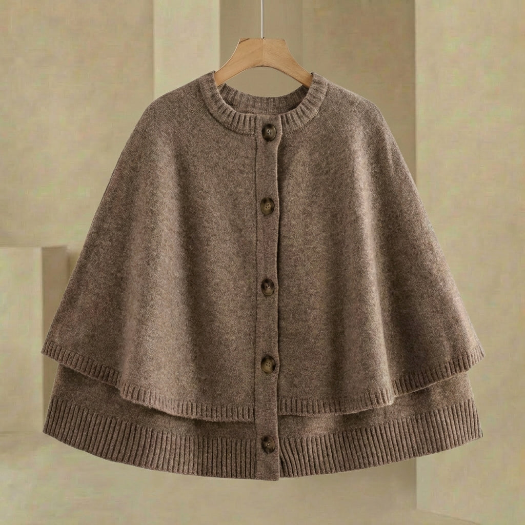 Damen Cape Cardigan Knopfverschluss Strickjacke Wickel Look 5