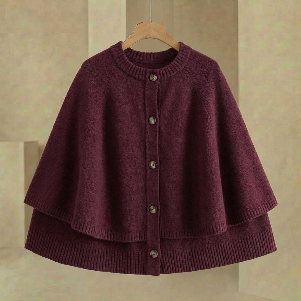 Damen Cape Cardigan Knopfverschluss Strickjacke Wickel Look 4