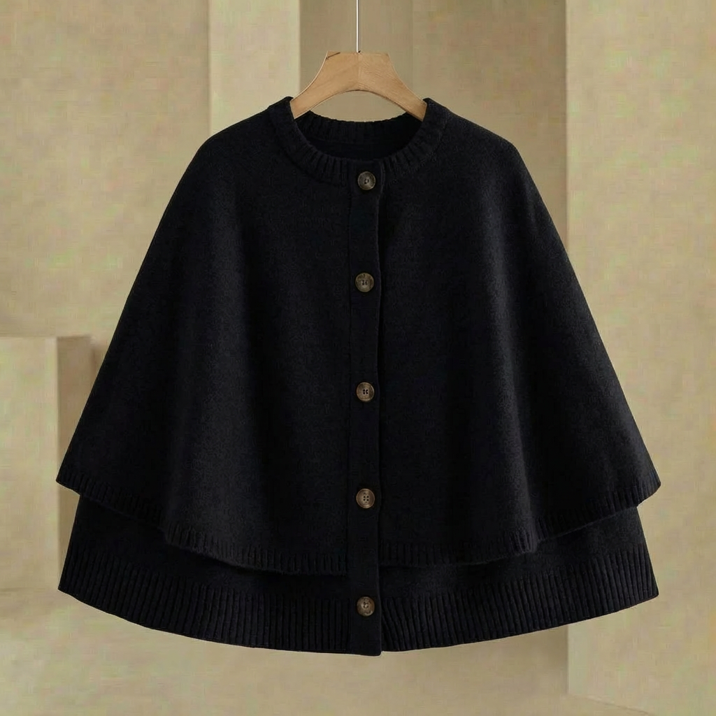 Damen Cape Cardigan Knopfverschluss Strickjacke Wickel Look 3