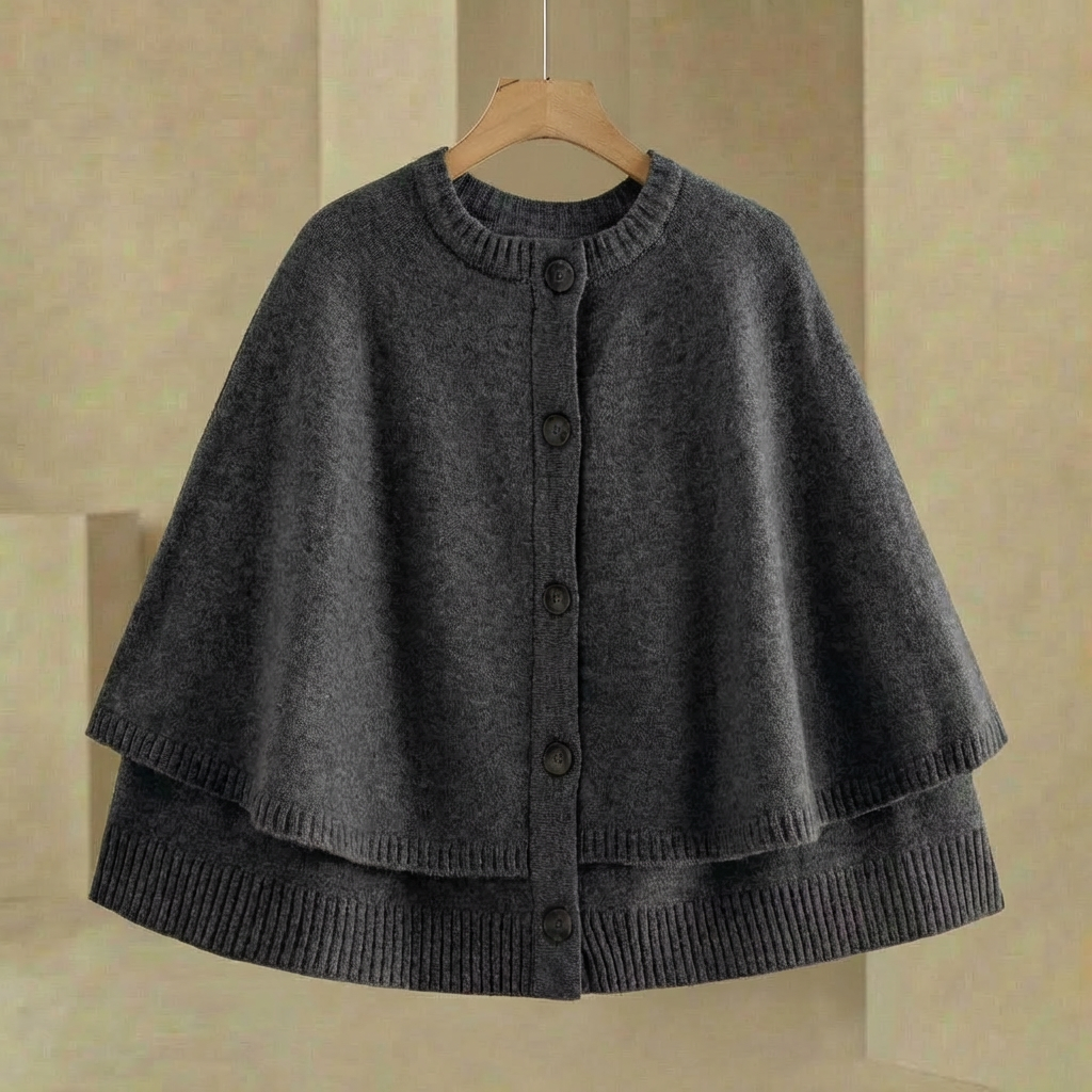 Damen Cape Cardigan Knopfverschluss Strickjacke Wickel Look 2