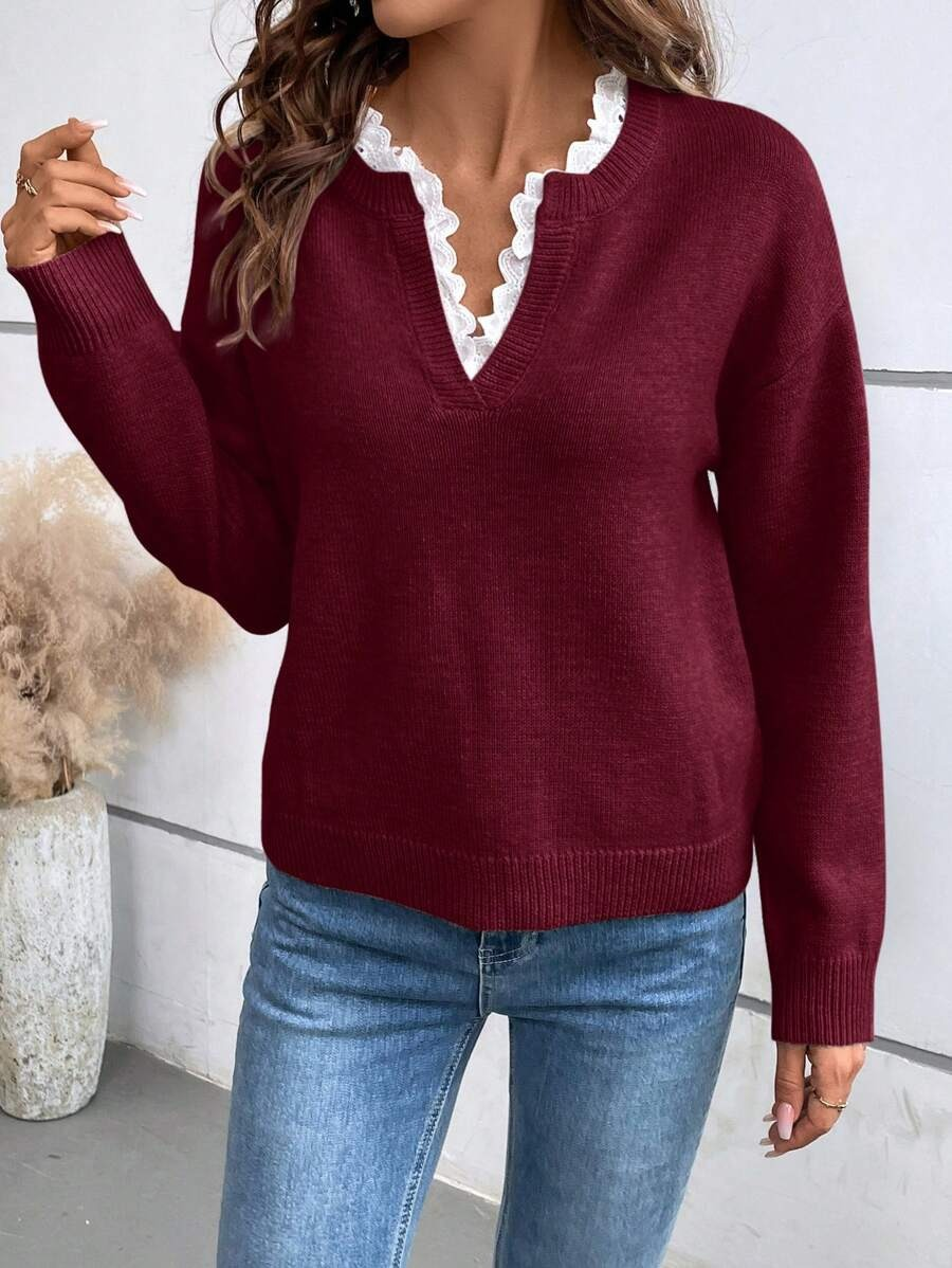 Pullover Damen | V-Ausschnitt mit Spitzenbesatz 3