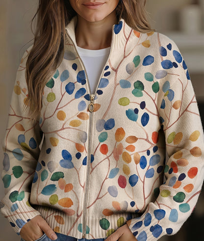 Imke | Damen Strickjacke mit Blätterdruck und Reißverschluss - Image 1