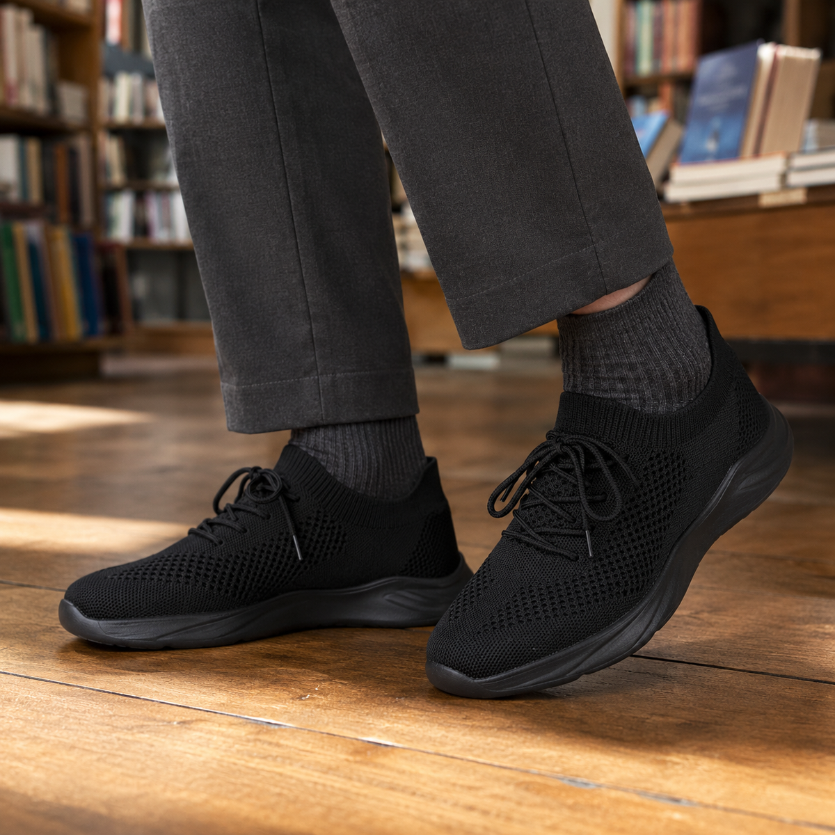 Men's knit sneakers shown in a side view with a lace-up front and low-profile sole