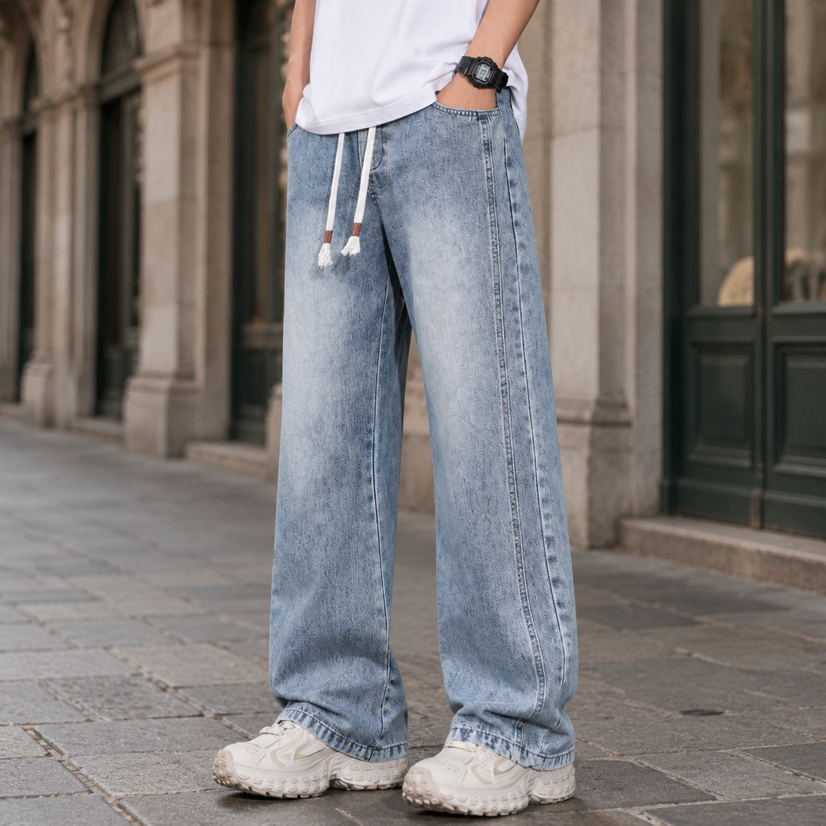 Men's relaxed wide-leg jeans with a drawstring waist, shown from the front.