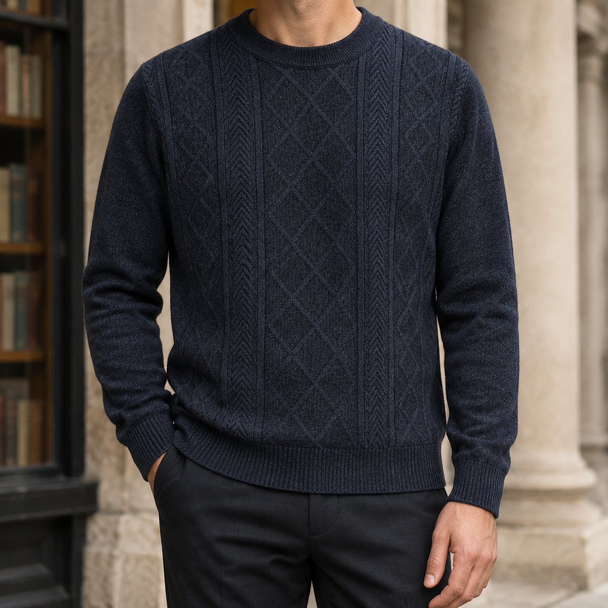 Men's textured crew-neck sweater shown from the front