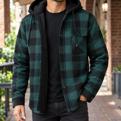 Men's plaid jacket with a hood in brushed denim fabric