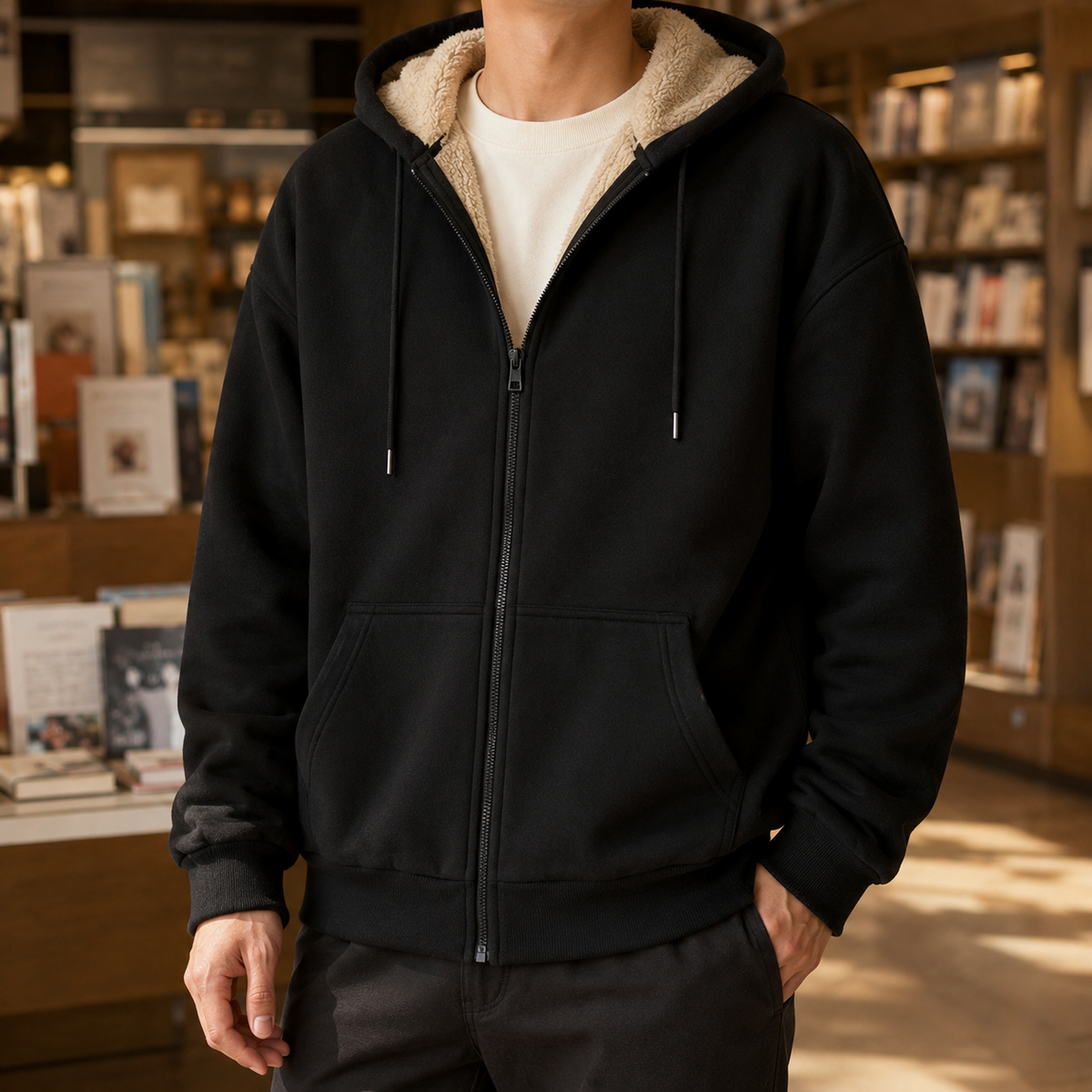 Men's sherpa-lined zip hoodie shown from the front with a full zip closure