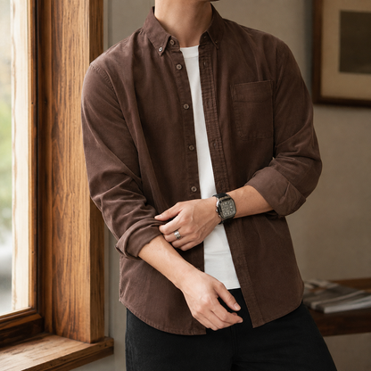Men's textured overshirt shown from the front with a button-down collar