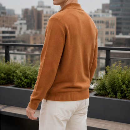 Men's cashmere blend sweater showing the full button-front design