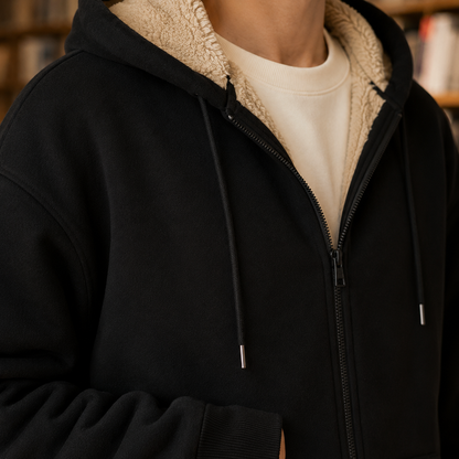 Close-up of the soft sherpa lining inside a men's zip hoodie