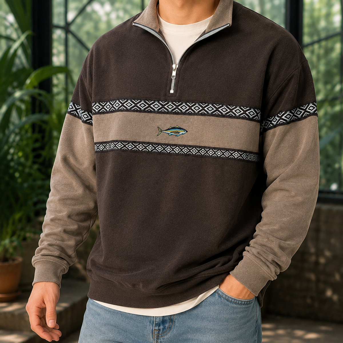 Men's quarter-zip sweater shown styled for a casual outfit