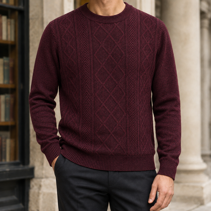 Crew neckline and upper knit detail of the men's sweater