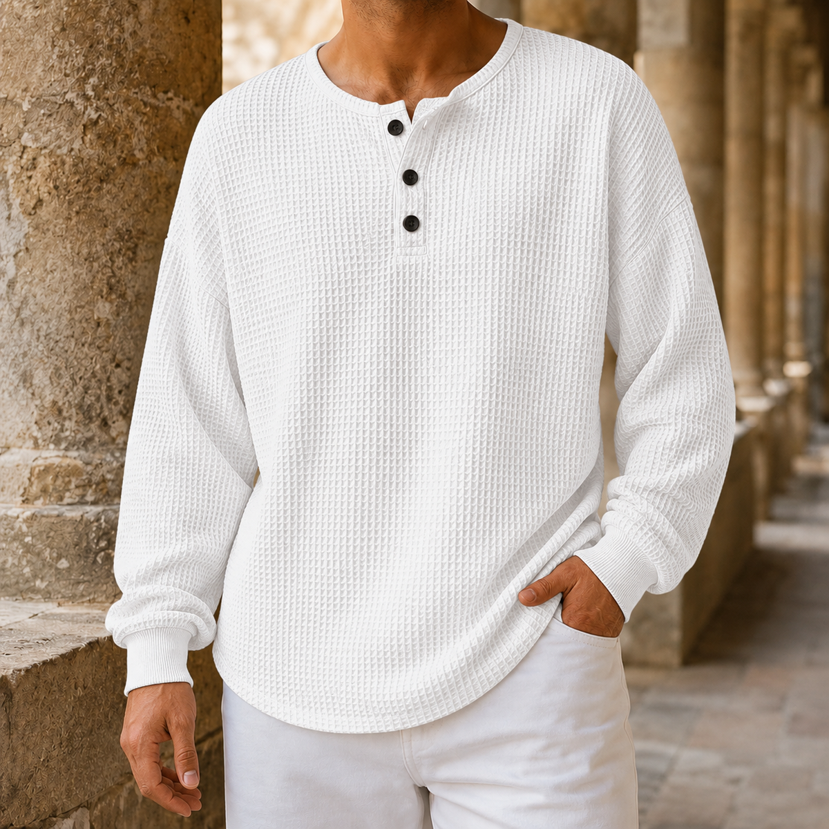 Men's Henley sweater neckline with button placket detail