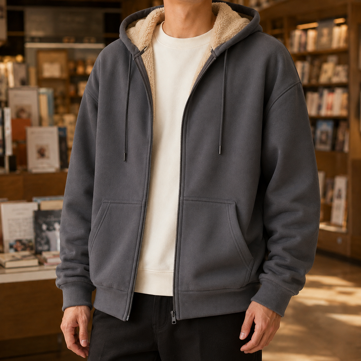 Men's sherpa-lined hoodie shown styled for casual cold-weather layering