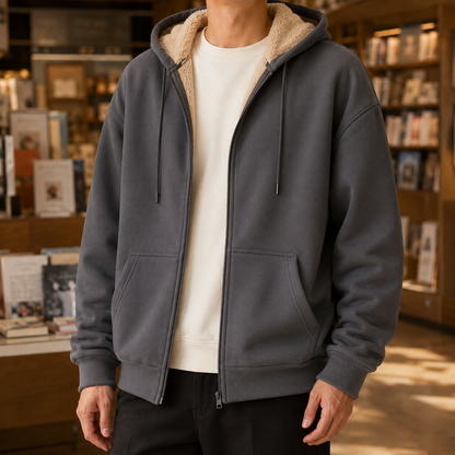 Men's sherpa-lined hoodie shown styled for casual cold-weather layering