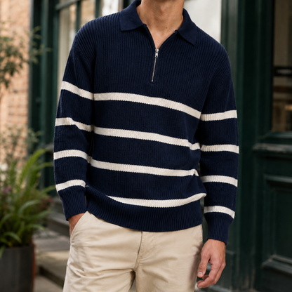 Men's half-zip sweater shown in a casual layered outfit