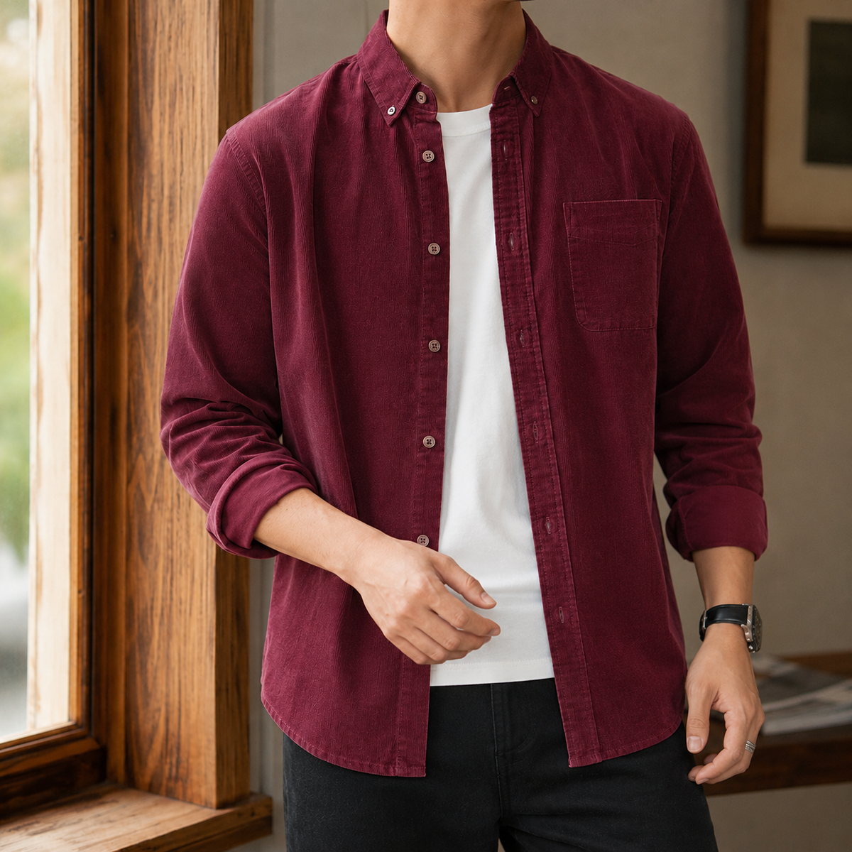 Side view of a men's textured overshirt showing its relaxed fit